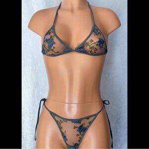 Gray Periwinkle, Embroidered Butterfly, Lingerie Set